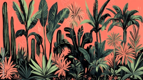 Stylized Coral-toned Tropical Jungle Scene with Dark Silhouetted Plants