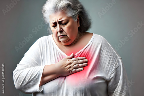 Obsese woman in state of chestpain with hand holding at lt chest ,heart attack,Health care concept photo