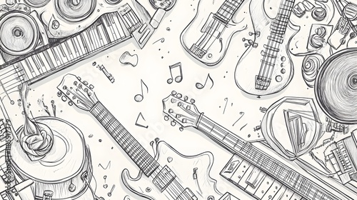 Musical Instruments and Notes Sketch Composition photo