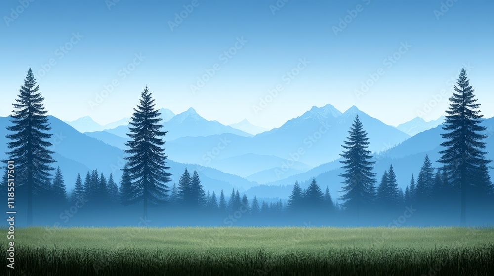 Fototapeta premium Serene mountain landscape with evergreen trees and a misty meadow