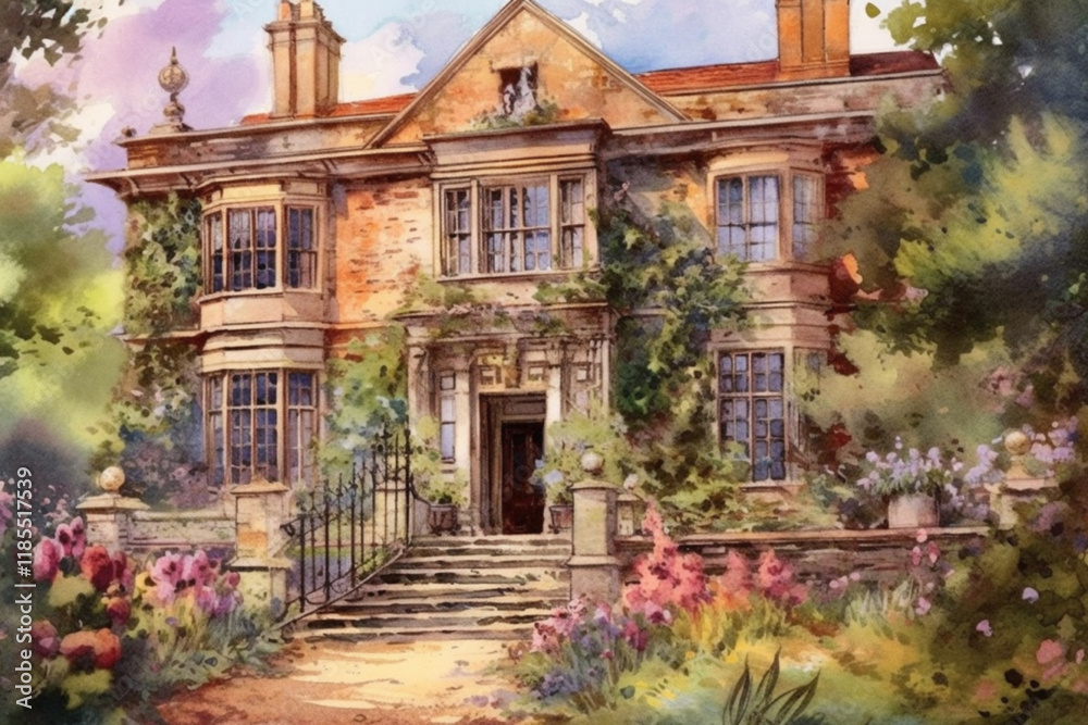 old medieval park in English style, watercolor,.Generative AI old medieval park in English style, watercolor,.Generative AI