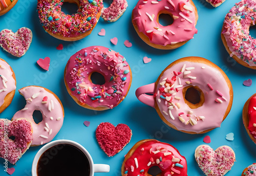 Delicious Pink Red Sprinkle Donuts with Coffee and Hearts Valentine s Day Treats photo