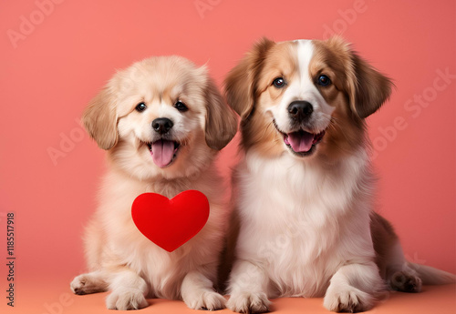 Adorable Puppy Dogs Posing with Red Heart Valentine s Day Friendship Love photo