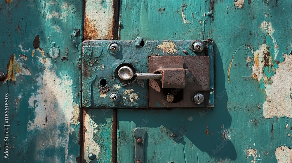 Rustic Metal Lock on Weathered Green Door Rustic Metal Lock on Weathered Green Door