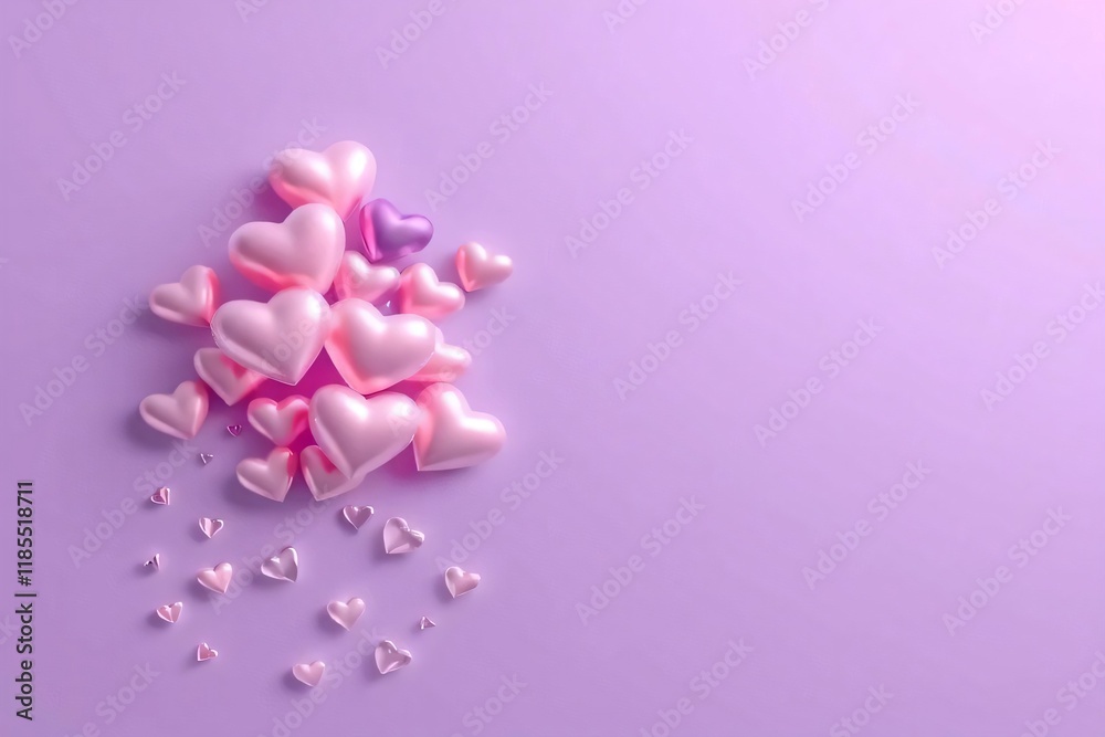 Obraz premium A series of semi-transparent and sparkling 3D heart shapes floating next to, on a soft lavender color background.