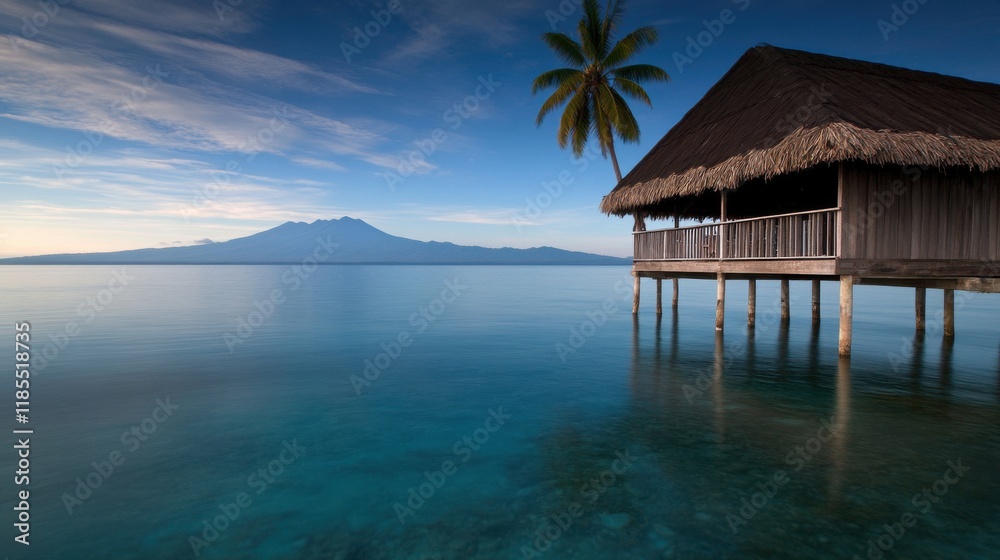 Serene beachfront hut with clear waters and distant mountains. Serene beachfront hut with clear waters and distant mountains.