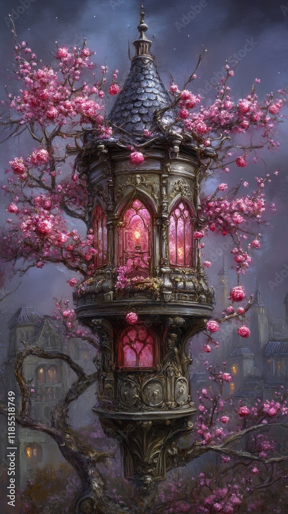 Fototapeta premium Enchanting Gothic Lantern Tower Adorned with Blossoming Cherry Trees