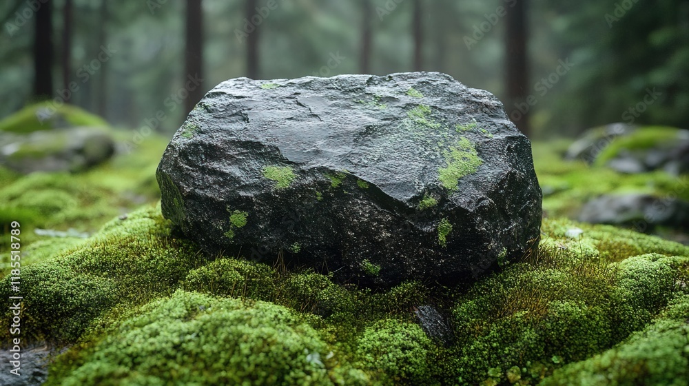 A large rock covered in moss, surrounded by a lush forest, creating a serene natural atmosphere. A large rock covered in moss, surrounded by a lush forest, creating a serene natural atmosphere.