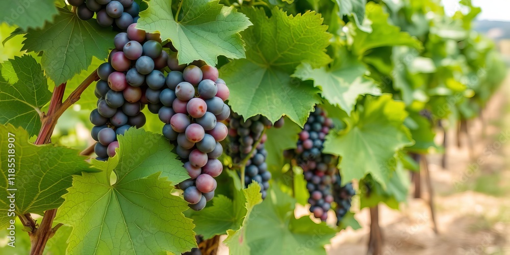 Green bunch of grapes hanging in the center of a lush leaves frame, with a blurred background, delicious, outdoors Green bunch of grapes hanging in the center of a lush leaves frame, with a blurred background, delicious, outdoors