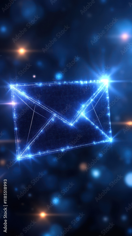 Digital glowing envelope icon with blue lights and sparkles Digital glowing envelope icon with blue lights and sparkles