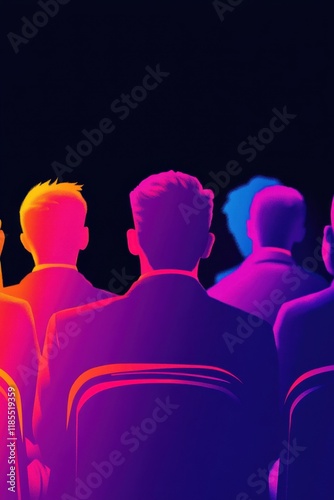 Colorful silhouettes of people seated, facing away in a dark background.