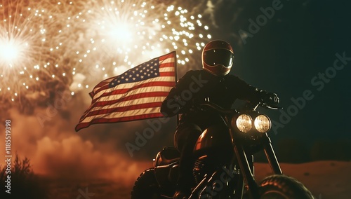 A large American flag waving in the wind with fireworks lighting up the sky behind it. A photo that symbolizes freedom and peace, representing the USA on Independence Day. - Generative AI