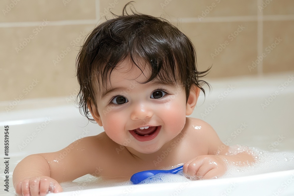 Adorable Baby Taking a Bath in the Bathroom Adorable Baby Taking a Bath in the Bathroom