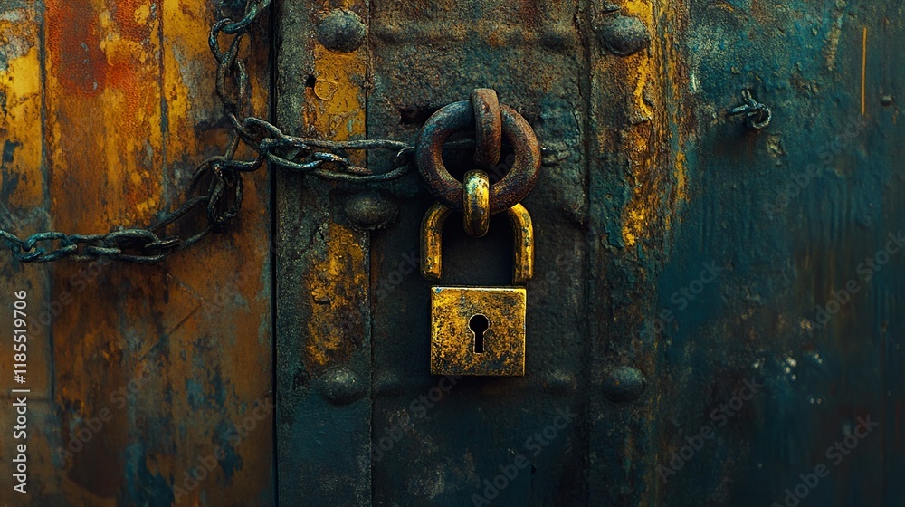 Rusty Lock and Chain on Old Metal Door: Grunge Texture Rusty Lock and Chain on Old Metal Door: Grunge Texture