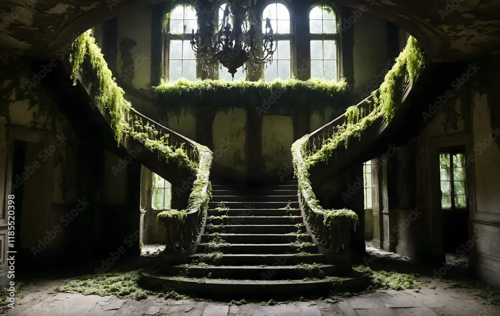 Obraz premium interior of abandoned old mansion with a large staircase with vegetation