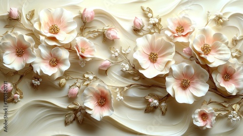 Elegant 3D floral wall art with peach blossoms and gold accents on a creamy textured background.