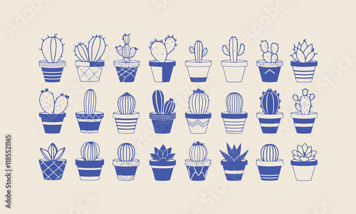Modern minimalist cactus and succulent potted collections, Cactus collections set cartoon style. blue color, cute illustration, easily editable.