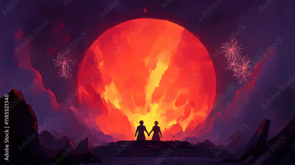Silhouetted couple against a vibrant, fiery sunset backdrop. Silhouetted couple against a vibrant, fiery sunset backdrop.