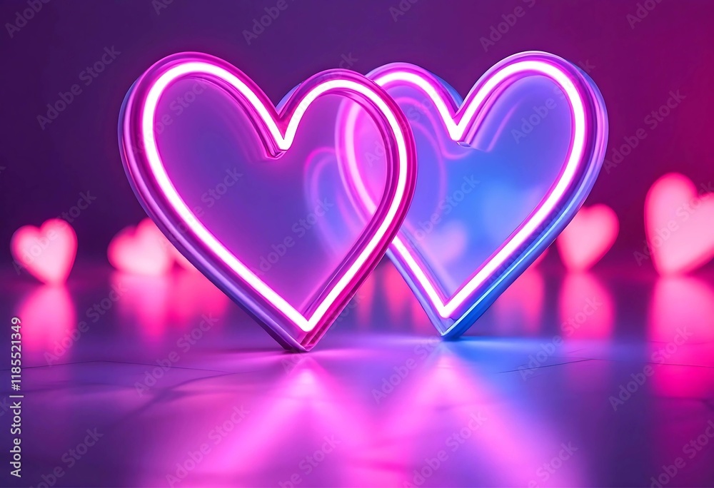 Two vibrant neon hearts create a romantic Valentine's Day scene. Two vibrant neon hearts create a romantic Valentine's Day scene.