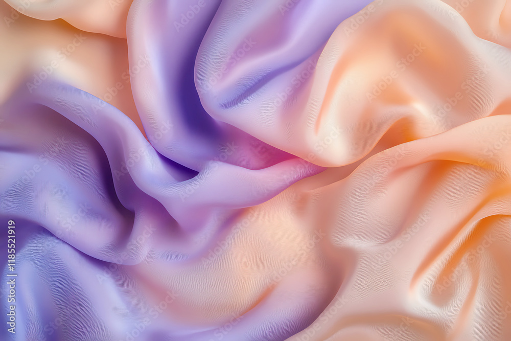 Fototapeta premium Gentle lavender and peach fluid fabric layers forming wavy abstract patterns with light reflections, ideal for elegant backgrounds and branding purposes