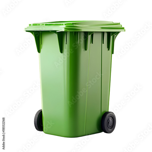 Green Wheeled Trash Can with a Lid Isolated on Transparent Background photo