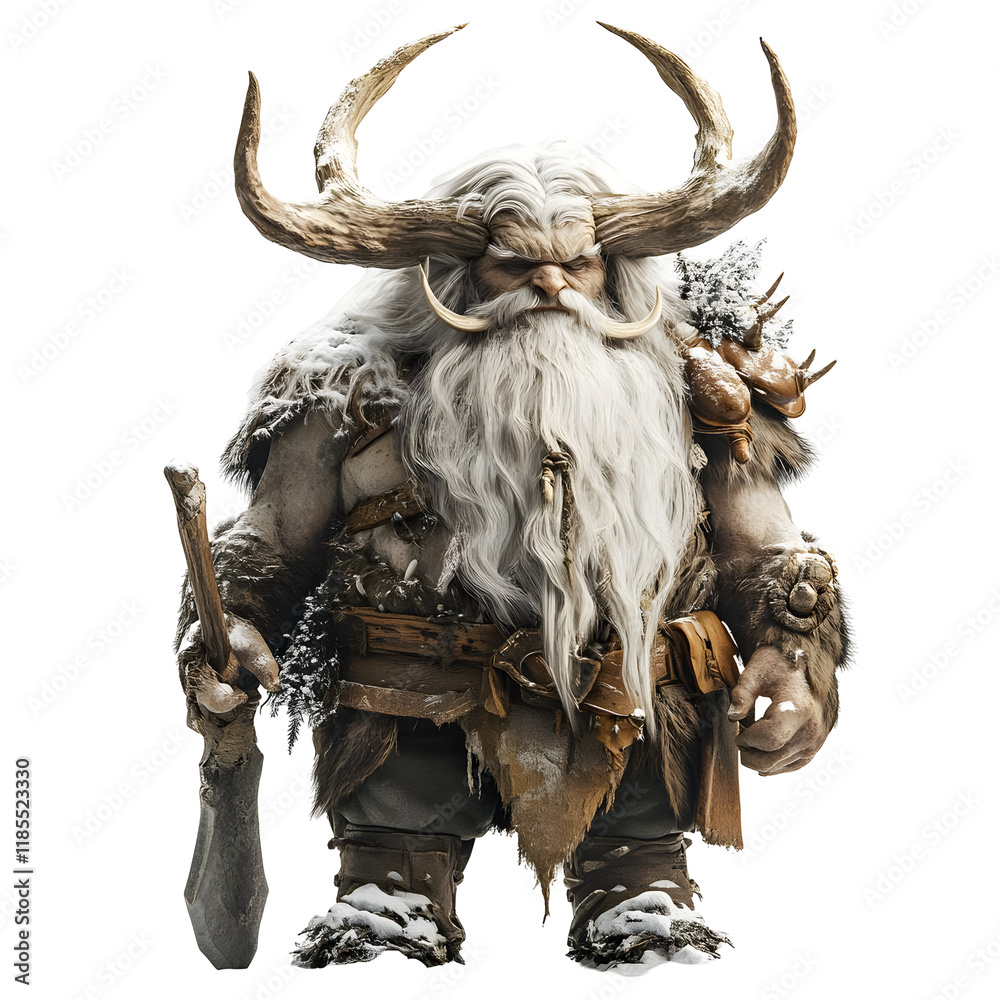 Furry, White-bearded Giant Holding a Wooden Axe with Antlers and Armor in Snow Isolated on Transparent Background. Furry, White-bearded Giant Holding a Wooden Axe with Antlers and Armor in Snow Isolated on Transparent Background.