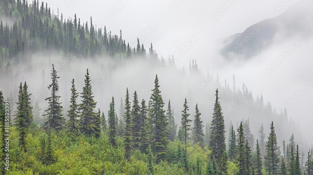 Misty Mountain Evergreen Forest Foggy Coniferous Trees Scenic Nature Landscape Misty Mountain Evergreen Forest Foggy Coniferous Trees Scenic Nature Landscape