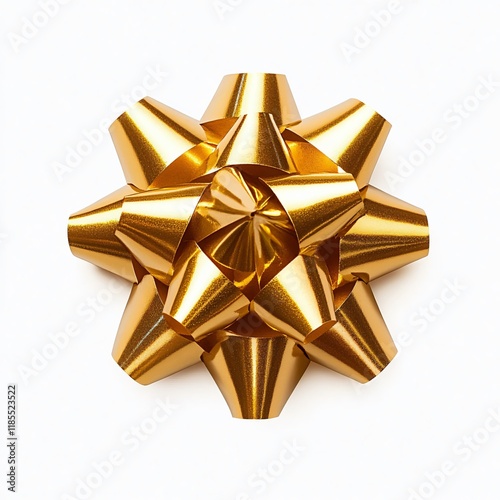 A photorealistic golden gift bow on a white background, perfect for holiday designs, gift wrapping, or promotional materials for celebrations and events.