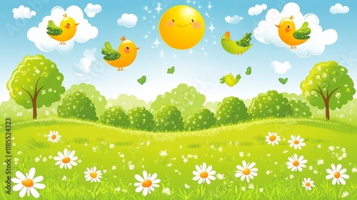 Cheerful cartoon birds flying over a sunny, idyllic spring meadow