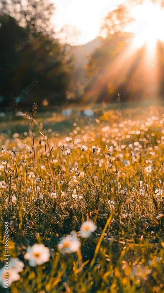 Obraz premium Golden Hour Meadow Sunlit Wildflowers Spring Bloom Nature Background