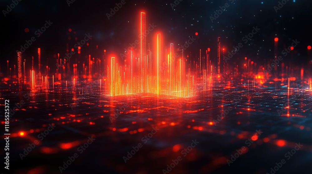 Fototapeta premium A digital landscape featuring glowing red peaks, resembling data visualizations or sound waves in a futuristic environment.