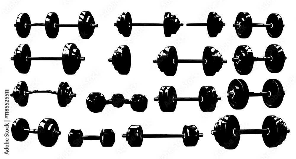 Set of illustrations of weightlifting barbells and dumbells . Design element for logo, label, sign, emblem, banner. Vector illustration
Set of illustrations of weightlifting barbells and dumbells . Design element for logo, label, sign, emblem, banner. Vector illustration
