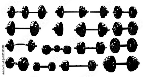 Set of illustrations of weightlifting barbells and dumbells . Design element for logo, label, sign, emblem, banner. Vector illustration
