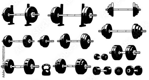 Set of illustrations of weightlifting barbells and dumbells . Design element for logo, label, sign, emblem, banner. Vector illustration
