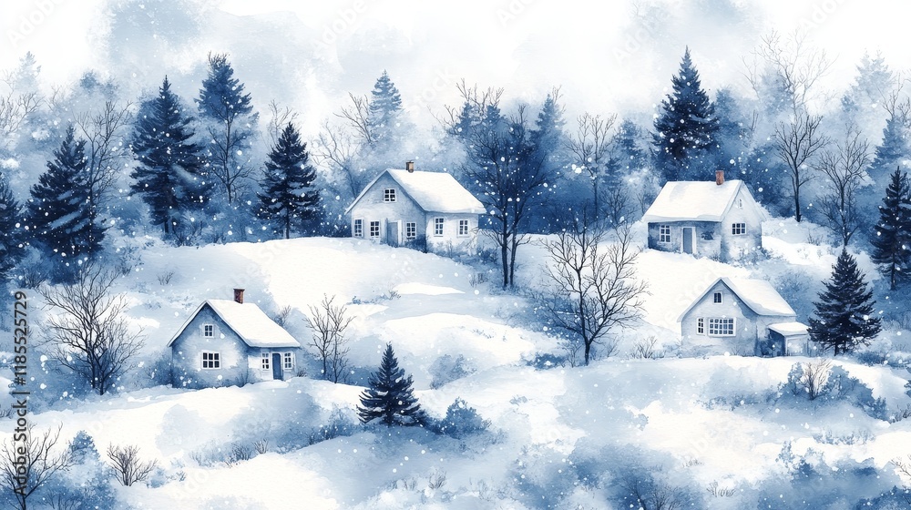 Charming Winter Watercolor Houses in a Snowy Landscape, Icy Blue and White Seamless Pattern with Snow-Dusted Roofs and Trees, Perfect for Seasonal Designs Charming Winter Watercolor Houses in a Snowy Landscape, Icy Blue and White Seamless Pattern with Snow-Dusted Roofs and Trees, Perfect for Seasonal Designs