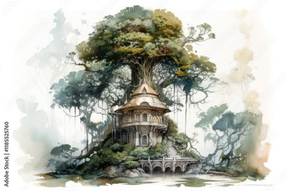 Obraz premium a fantastic house built at the base and inside a huge tree. 