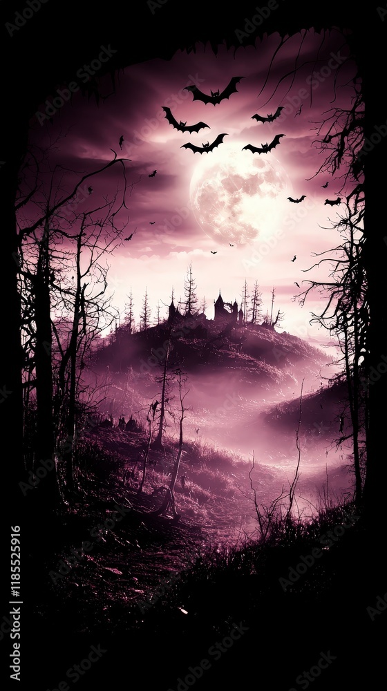 Obraz premium Spooky Halloween Night Haunted Castle Bats Full Moon Dark Forest