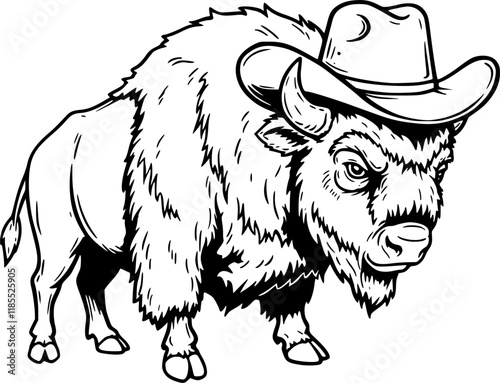 Illustration of bison in cowboy hat. Design element for t shirt, emblem, badge. Vector illustration
