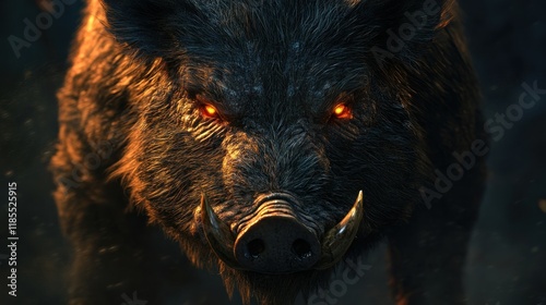 Fierce wild boar with glowing eyes, close-up.