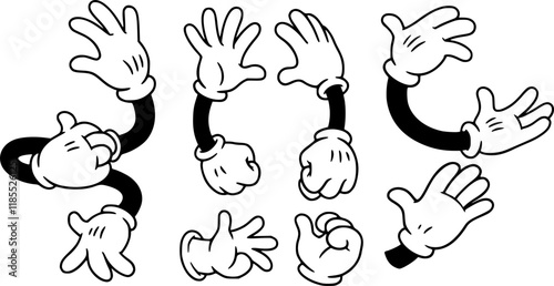 Set of cartoon hands in gloves. Retro style mascot hands. Rubber hose style hands. Vector illustration
