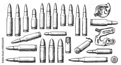 Set of Illustrations of bullets and cartridges in vintage monochrome style. Design element for logo, label, sign, emblem, poster. Vector illustration
