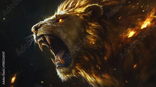 Fiery roaring lion, majestic mane, intense eyes, dark background. photo