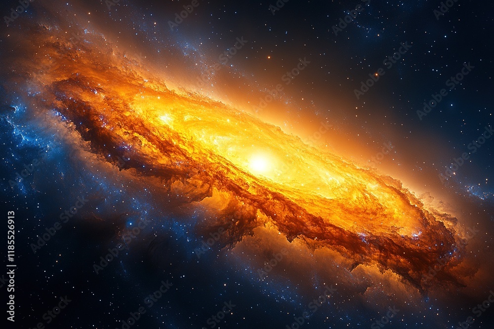 Fototapeta premium A vibrant depiction of a galaxy with fiery colors and cosmic elements, illustrating the beauty of the universe.