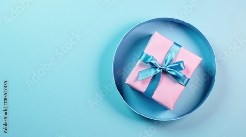 A Pastel Pink Gift Box with a Light Blue Ribbon on a Round Tray