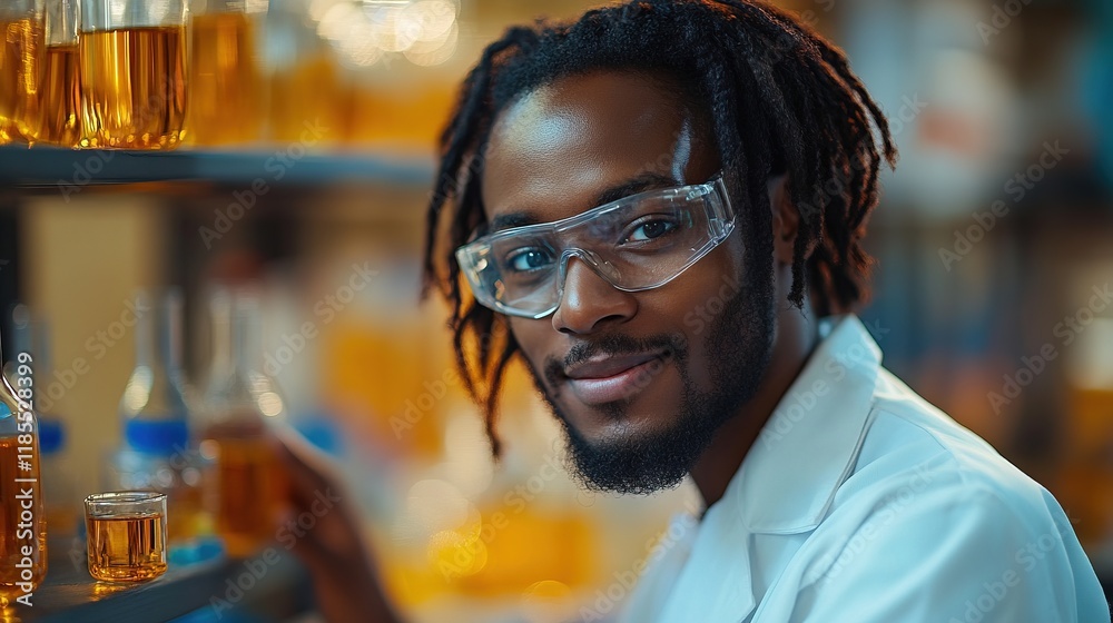 A scientist in a lab coat and safety goggles smiles while working with amber-colored liquids in glass bottles. A scientist in a lab coat and safety goggles smiles while working with amber-colored liquids in glass bottles.
