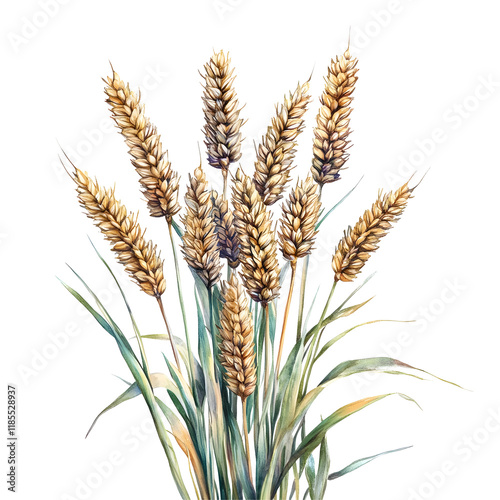 Watercolor painting of a bouquet of wheat stalks isolated on a transparent background.