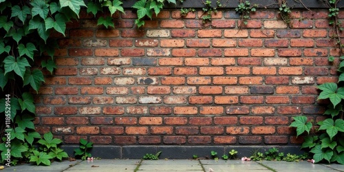 Rustic Brick Wall with Lush Greenery, Ground Cover, and a Subtle Paving Stone Base