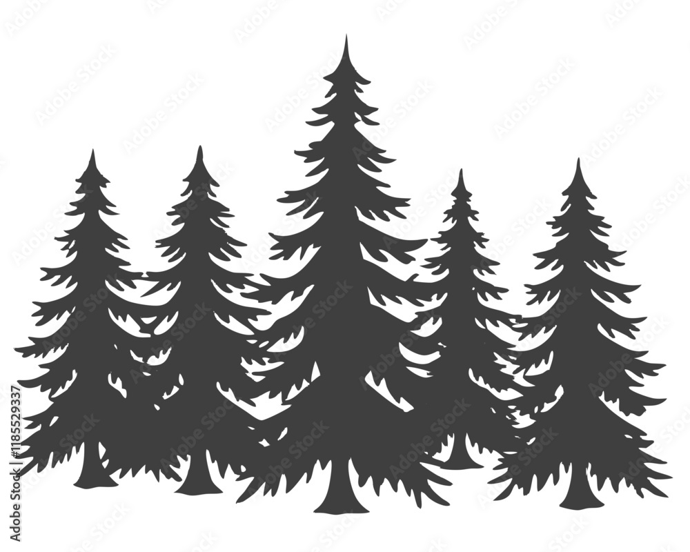 A festive winter forest with snow-covered pine and fir trees, perfect for a Christmas card or holiday decoration design A festive winter forest with snow-covered pine and fir trees, perfect for a Christmas card or holiday decoration design