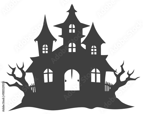 A spooky medieval castle on a hill at night with a Halloween theme, illustrated in a vintage cartoon style