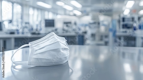 A highly detailed N95 mask resting on a modern laboratory table with scientific equipment in the background, illuminated by soft natural light, with subtle reflections on the surface, minimalistic sty